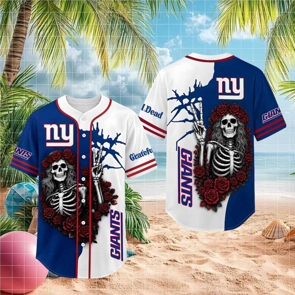 New York Giants Skeleton Grateful Roses Baseball Jersey HG Giants Merch Gifts For Boyfriend