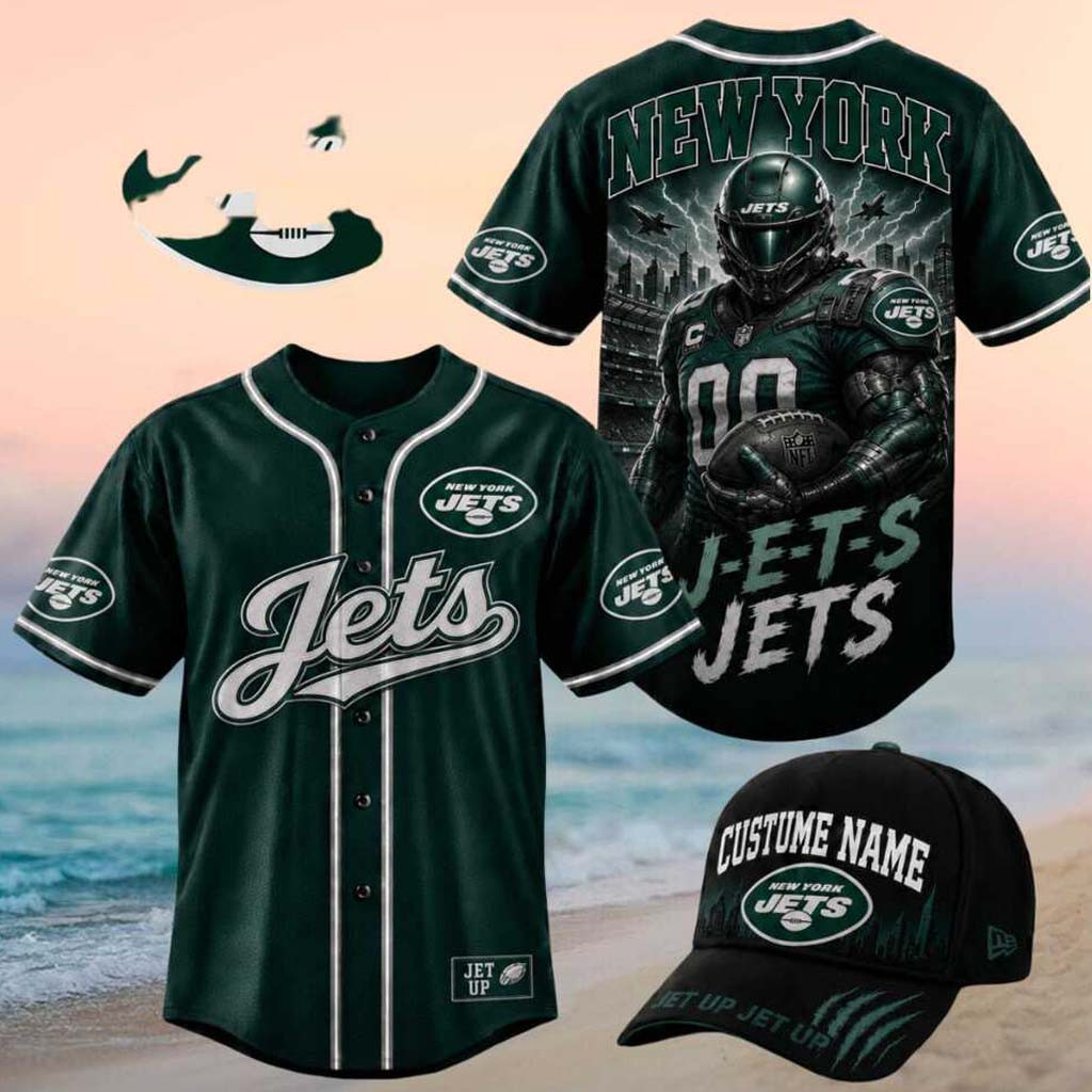 New York Jets Armored Pilot Mascot Skyline Graphic Baseball Jersey HG New York Football Merch