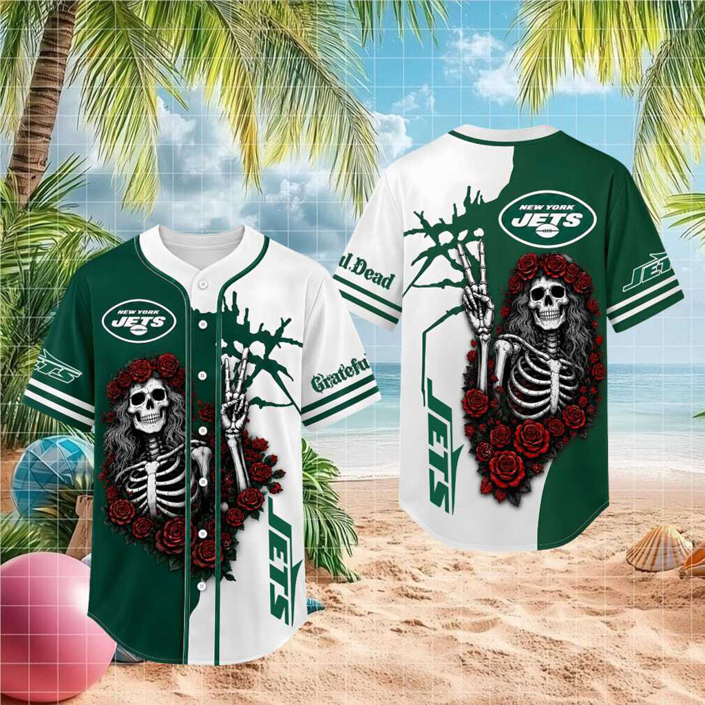 New York Jets Skeleton Grateful Roses Baseball Jersey HG Jets Merch Gifts For Boyfriend