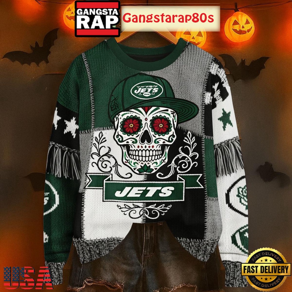 New York Jets Skull Halloween Ugly Xmas Sweater LN