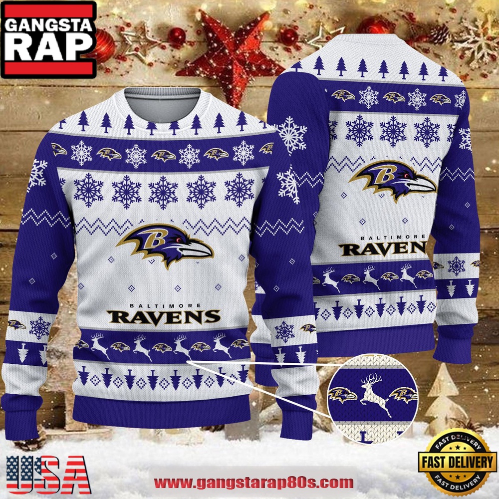 NFL Baltimore Ravens Reindeer Christmas Tree Ugly Xmas Sweater LN