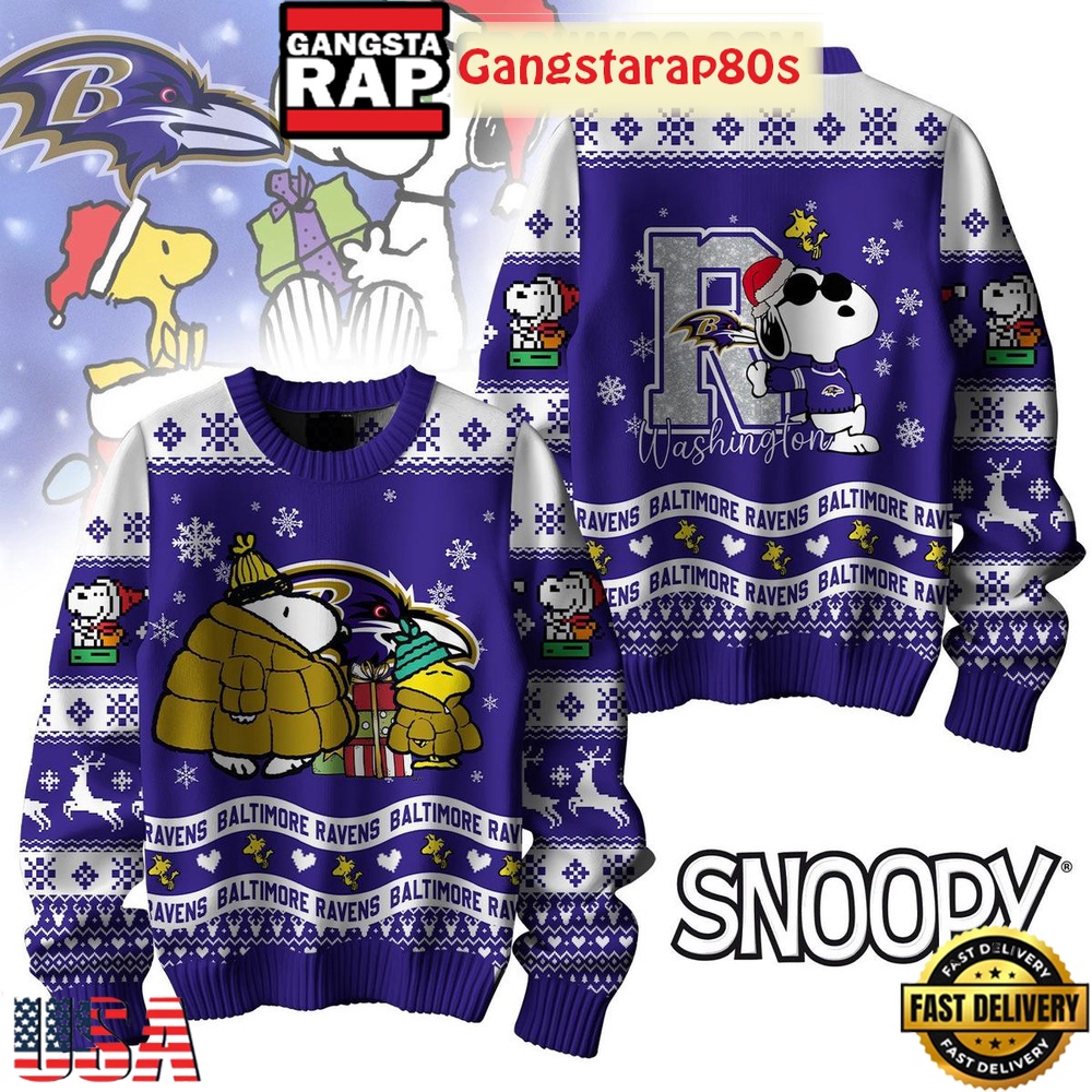 NFL Baltimore Ravens x Peanuts Snoopy Ugly Christmas Sweater LN