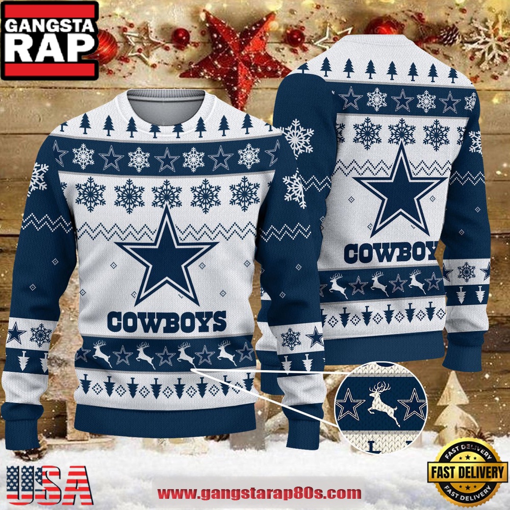 NFL Dallas Cowboys Snowflake Reindeer Ugly Xmas Sweater LN