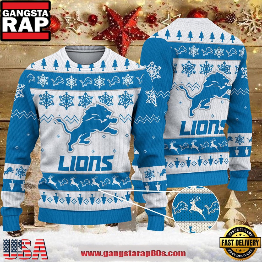NFL Detroit Lions Snowflake Reindeer Ugly Xmas Sweater LN