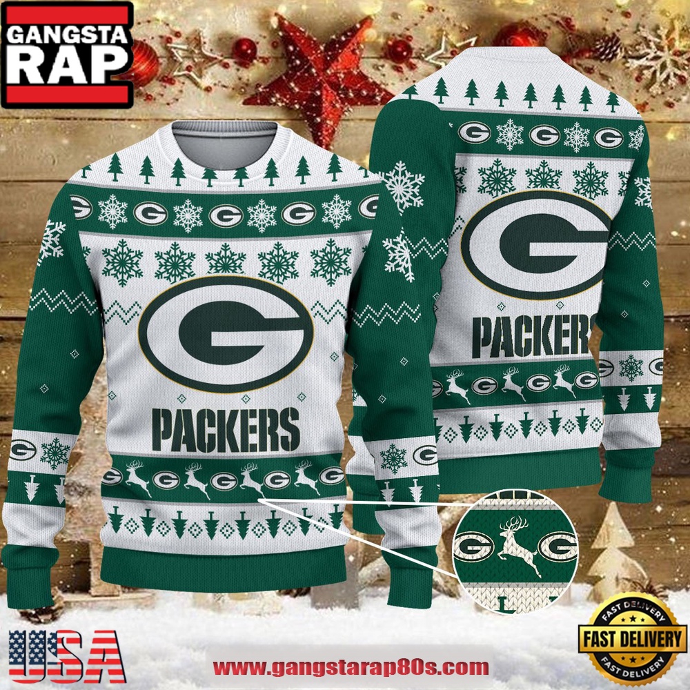 NFL Green Bay Packers Snowflake Reindeer Ugly Xmas Sweater LN