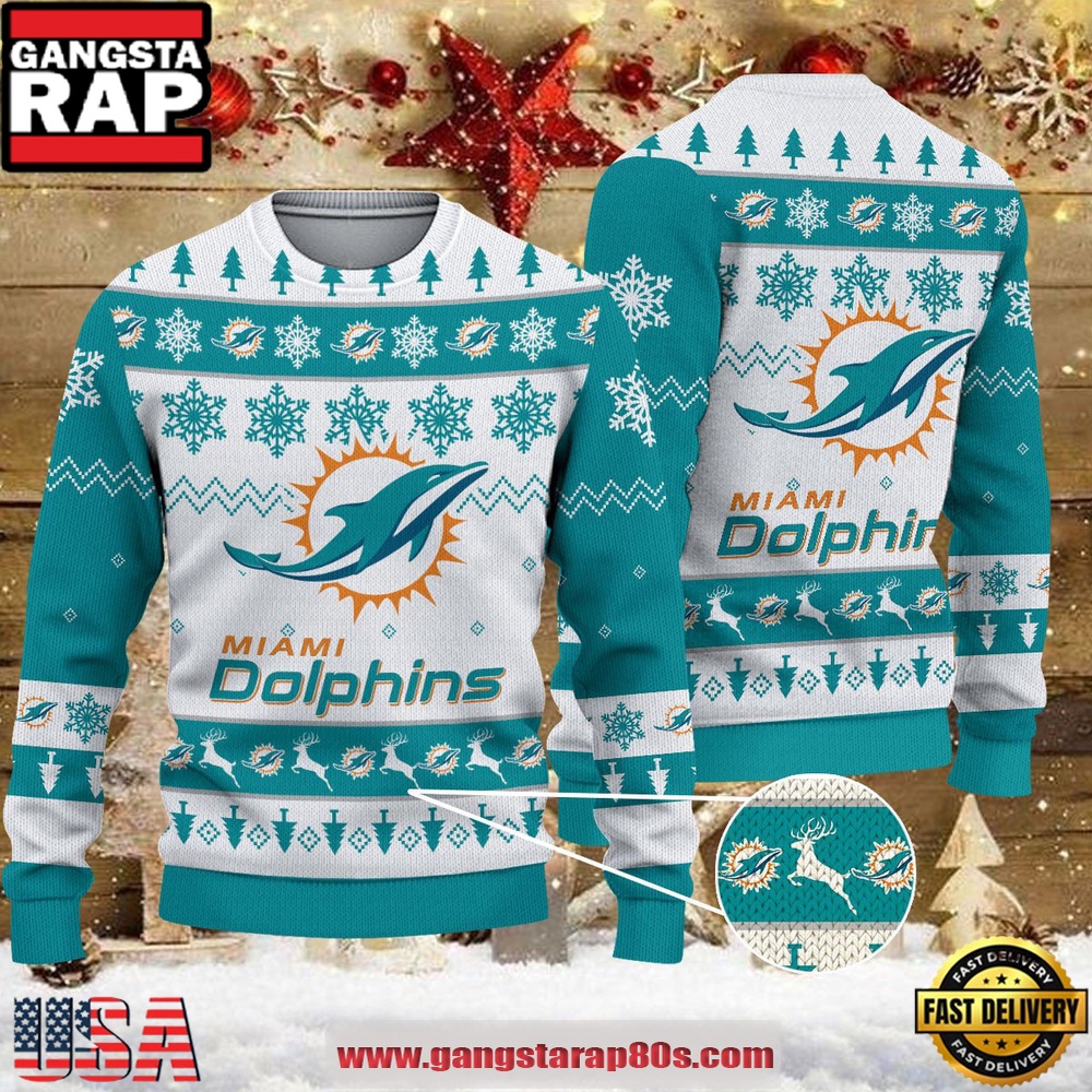 NFL Miami Dolphins Reindeer Christmas Tree Ugly Xmas Sweater LN