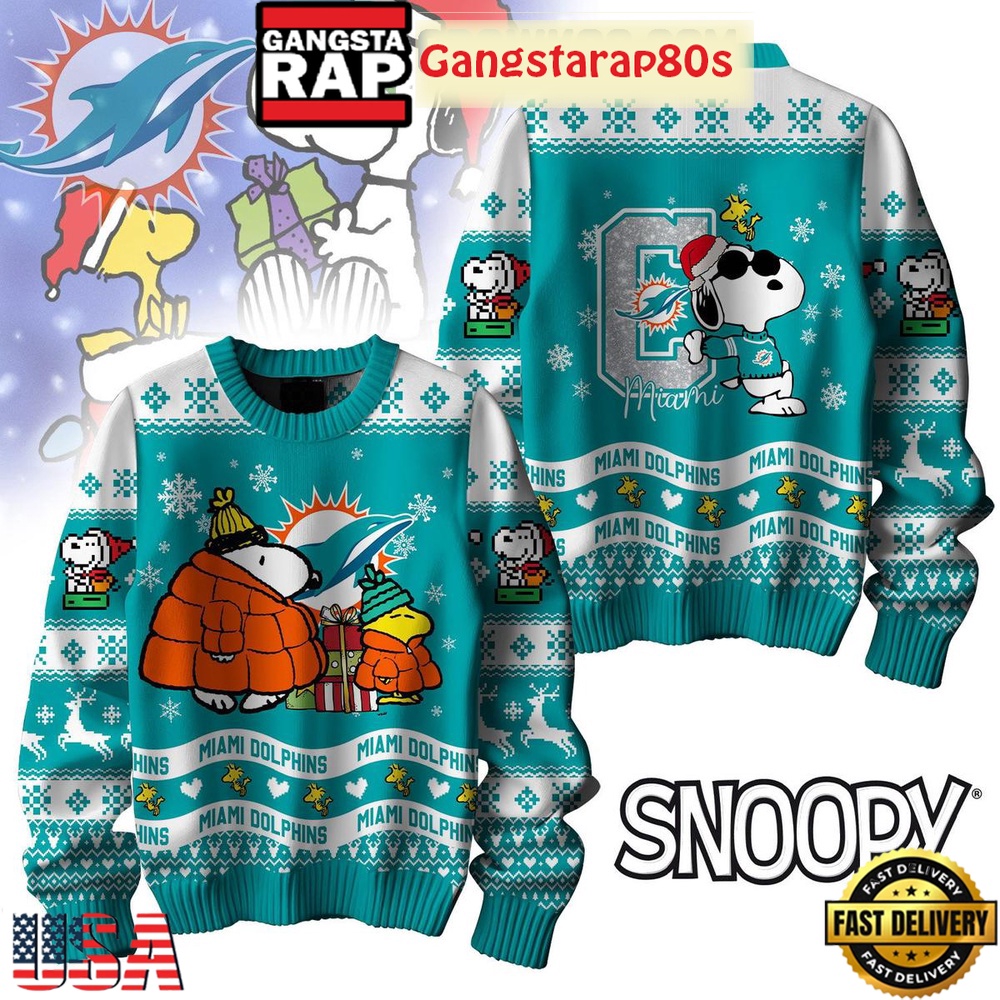 NFL Miami Dolphins x Peanuts Snoopy Ugly Christmas Sweater LN