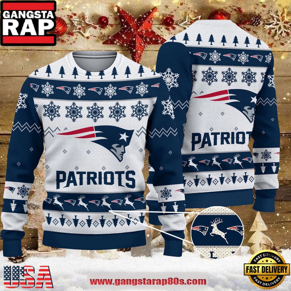 NFL New England Patriots Reindeer Christmas Tree Ugly Xmas Sweater LN