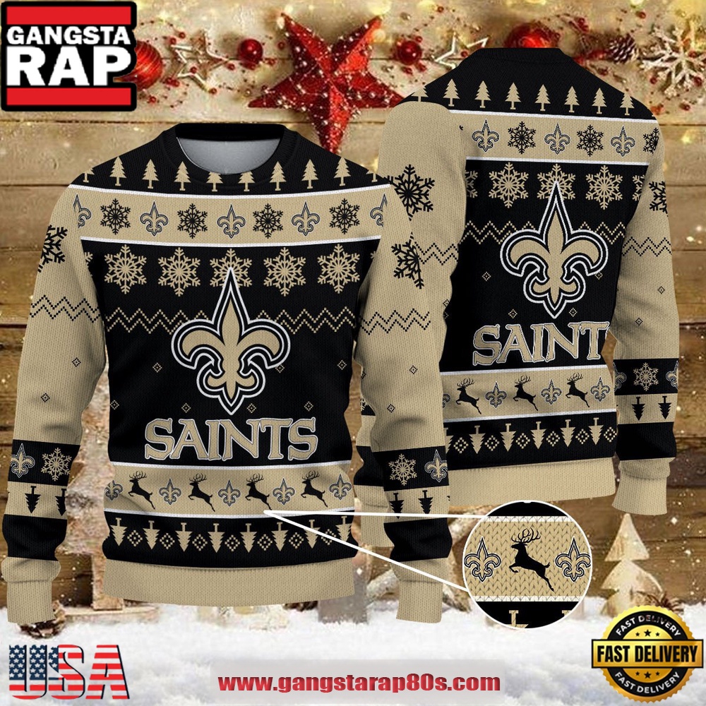 NFL New Orleans Saints Reindeer Christmas Tree Ugly Xmas Sweater LN