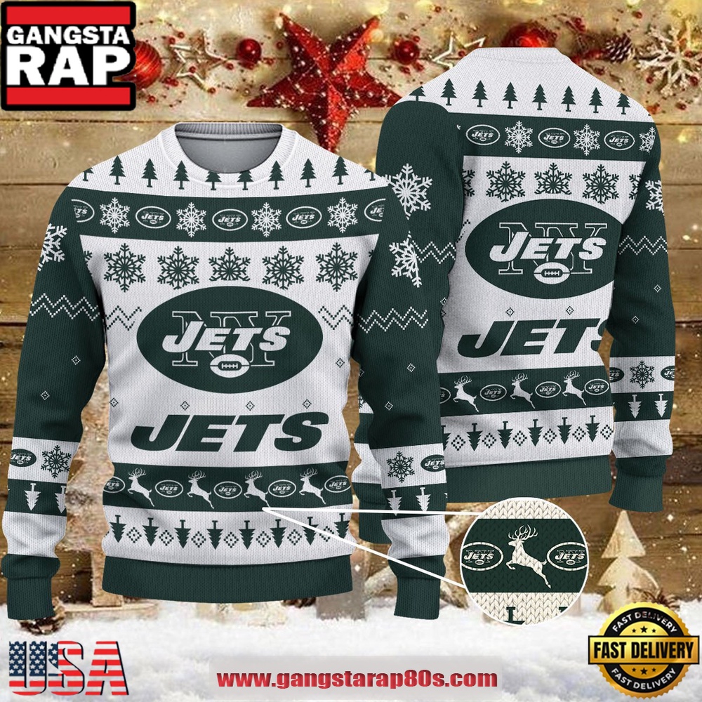 NFL New York Jets Reindeer Christmas Tree Ugly Xmas Sweater LN