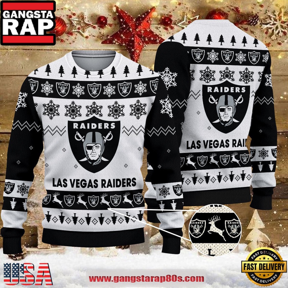 NFL Las Vegas Raiders Reindeer Christmas Tree Ugly Xmas Sweater LN