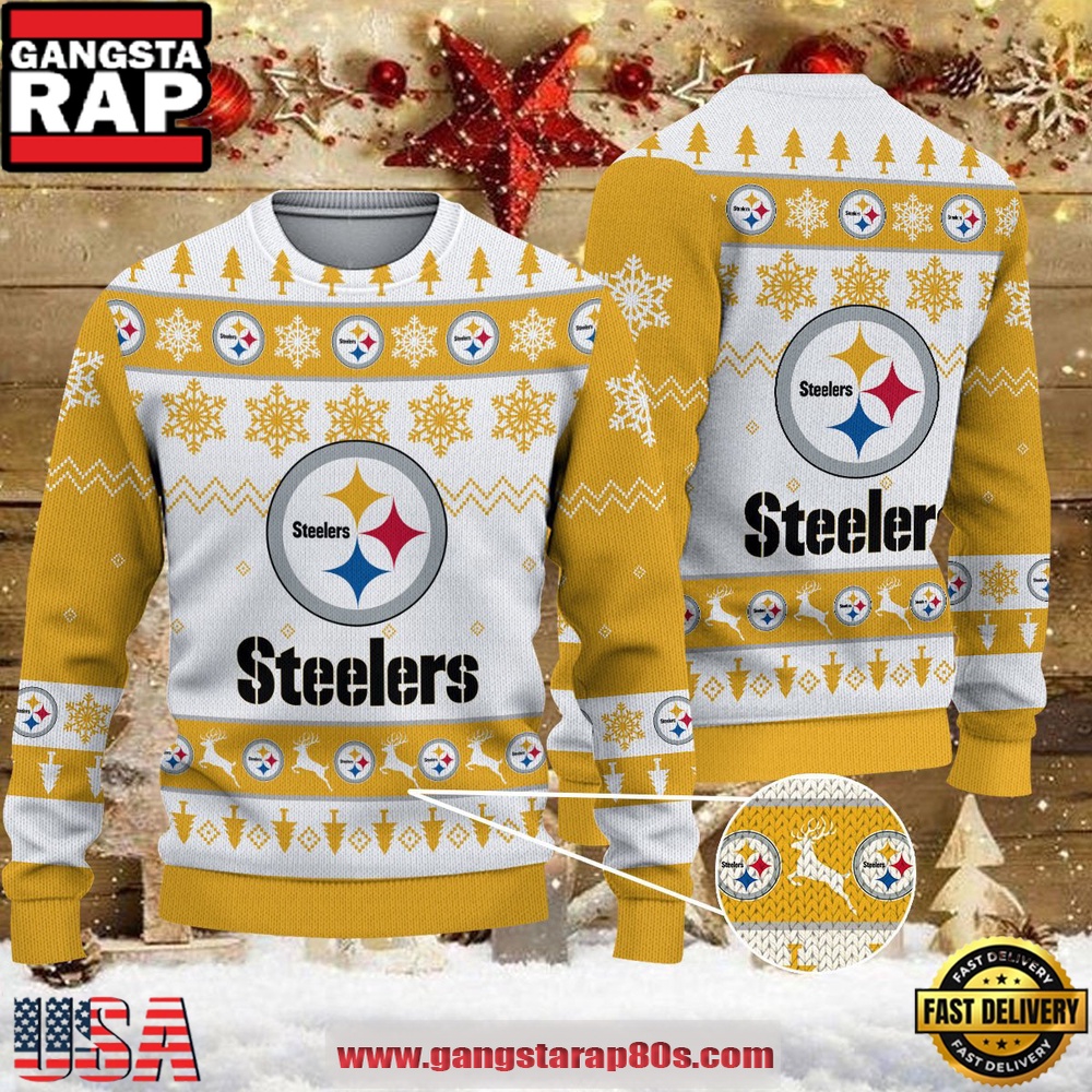 NFL Pittsburgh Steelers Snowflake Reindeer Ugly Xmas Sweater LN