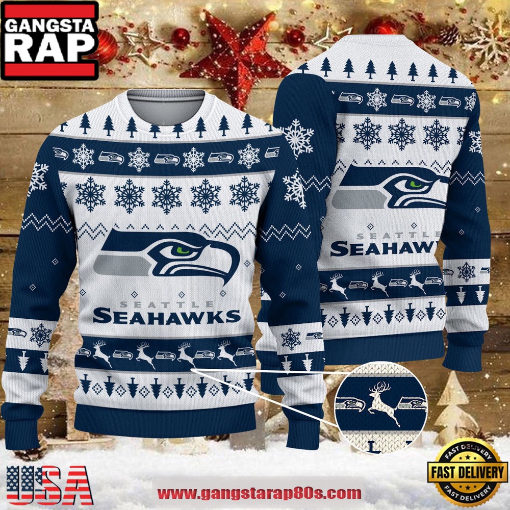 NFL Seattle Seahawks Reindeer Christmas Tree Ugly Xmas Sweater LN