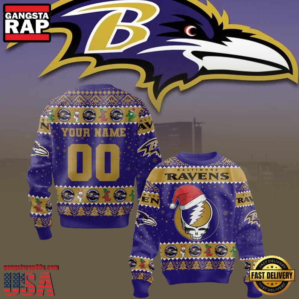 Personalized Baltimore Ravens NFL Grateful Dead Christmas Ugly Sweater LN