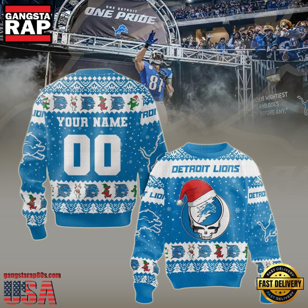 Personalized Detroit Lions NFL Grateful Dead Christmas Ugly Sweater LN