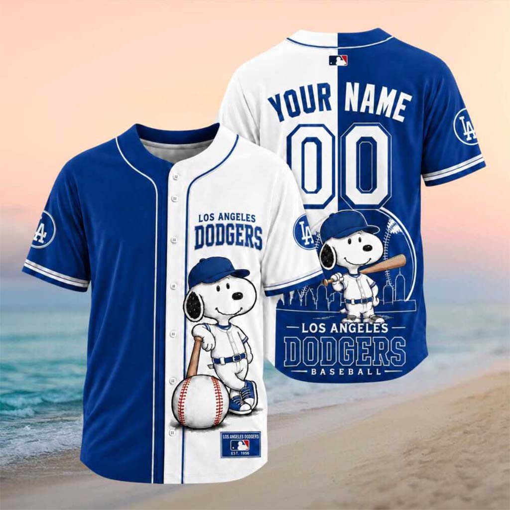 Personalized Los Angeles Dodgers Snoopy Split Color Baseball Jersey HG LA Dodgers Merch Fan Gifts