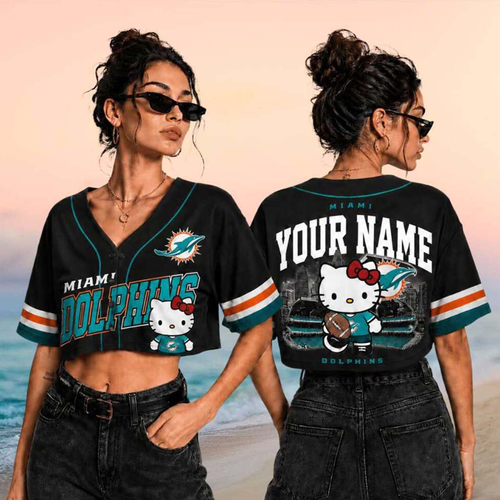 Personalized Miami Dolphins x Hello Kitty Football Crop Baseball Jersey HG Dolphins Merch Women – Joyoce