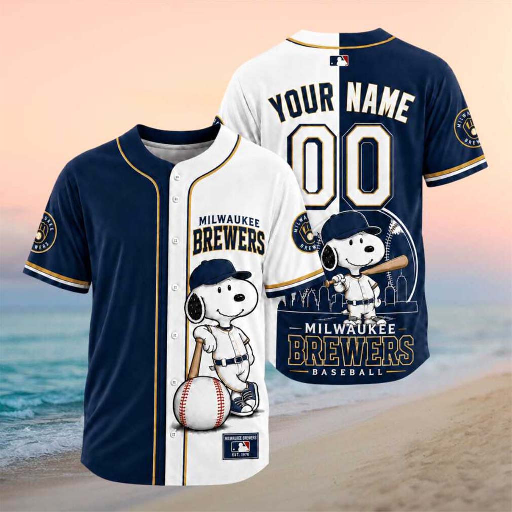Personalized Milwaukee Brewers Snoopy Mascot City Skyline Baseball Jersey HG Brewers Merch 2026