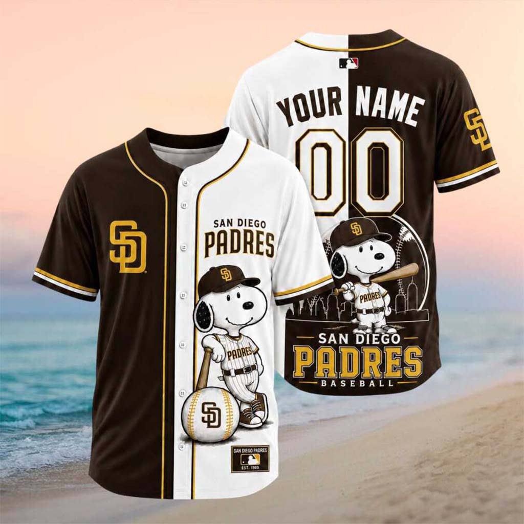 Personalized San Diego Padres Snoopy Split Color Baseball Jersey HG SD Padres Merch Game Day Gifts