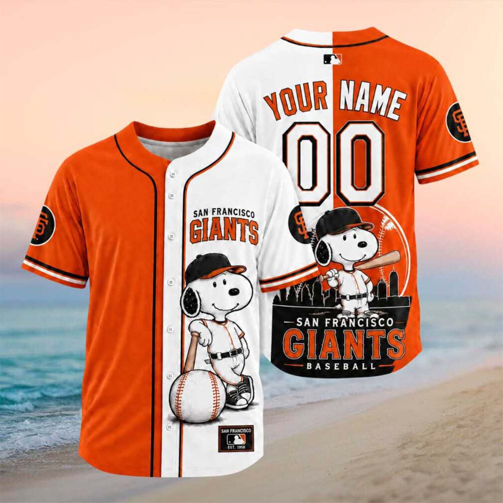 Personalized San Francisco Giants Snoopy Split Color Baseball Jersey HG SF Giants Merch Gifts
