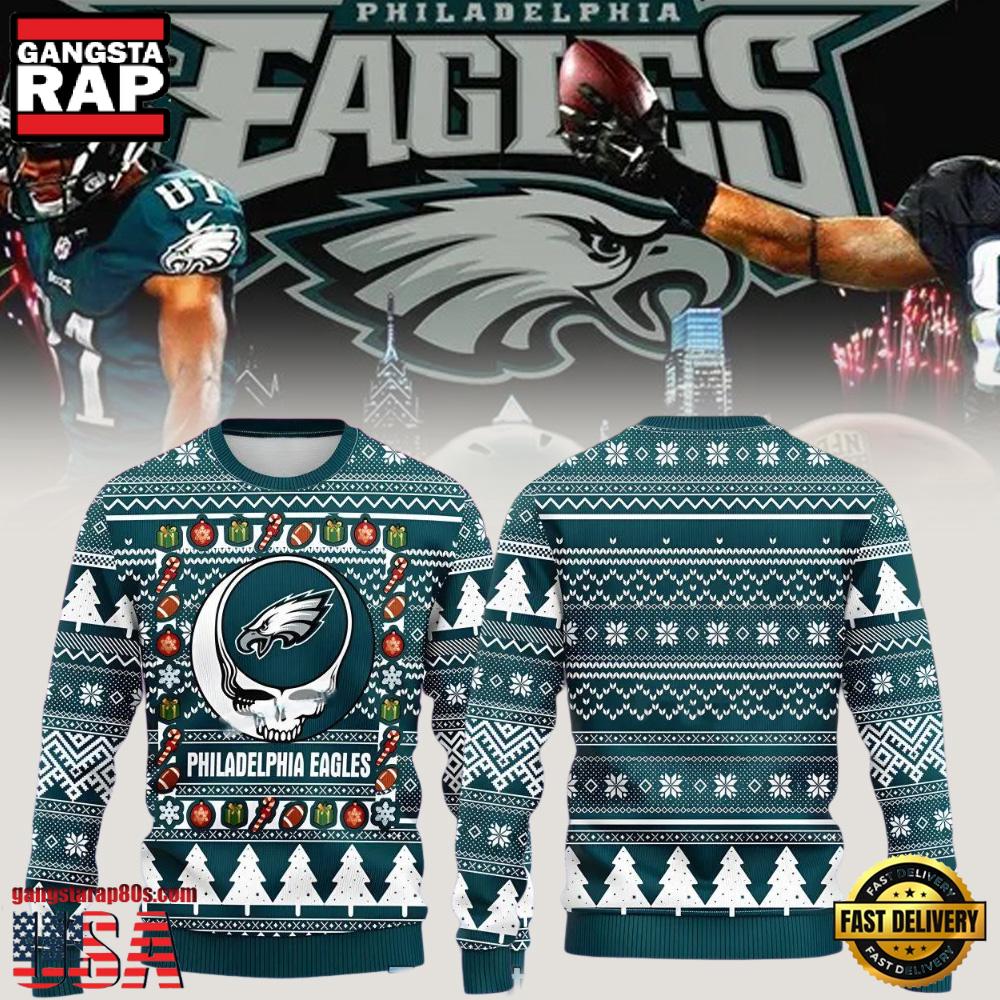 Philadelphia Eagles Grateful Dead Blue Color Christmas Ugly Sweater LN