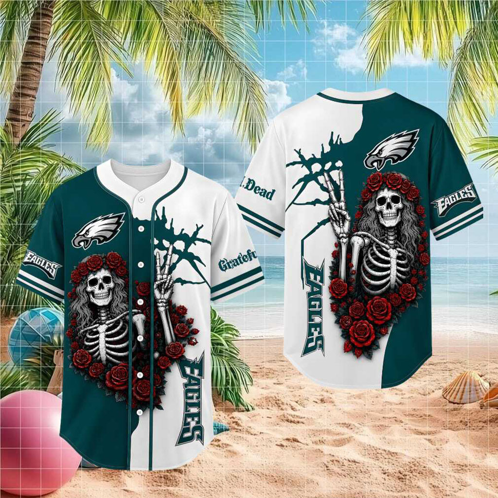 Philadelphia Eagles Grateful Dead Skull Rose Baseball Jersey HG Philadelphia Eagles Merch Gifts