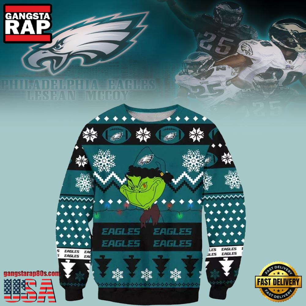 Philadelphia Eagles NFL Grinch Cunningly Smile Christmas Ugly Sweater LN