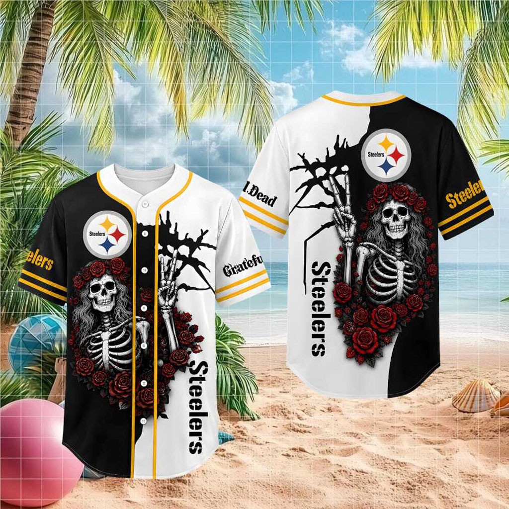 Pittsburgh Steelers Skeleton Grateful Roses Baseball Jersey HG Steelers Merch Gifts For Father