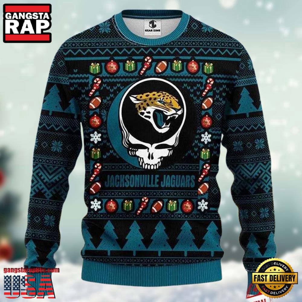 Rateful Dead Band Style Jacksonville Jaguars Christmas Ugly Sweater LN