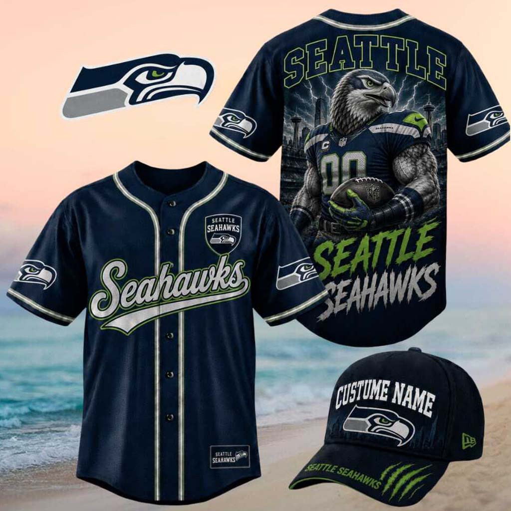 Seattle Seahawks Muscular Hawk Mascot Lightning Baseball Jersey HG Seahawks Merch Son Gifts