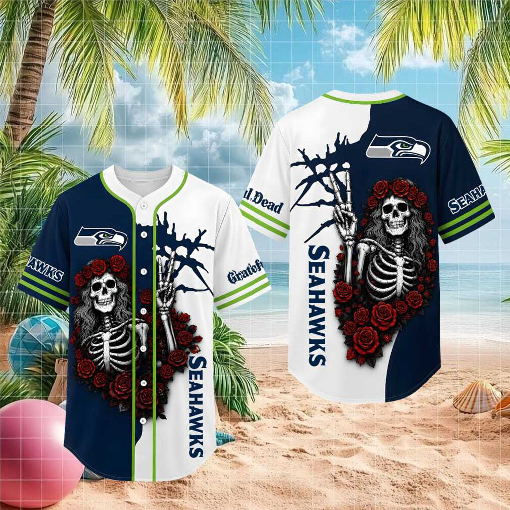 Seattle Seahawks Skeleton Grateful Roses Baseball Jersey HG Seahawks Merch Gifts For Fan