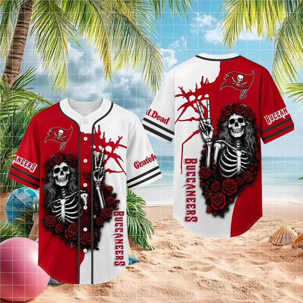 Tampa Bay Buccaneers Skeleton Grateful Roses Baseball Jersey HG Buccaneers Merch Fans Gifts