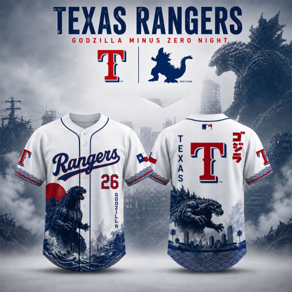 Texas Rangers X Godzilla Minus Zero Night 2026 Baseball Jersey HG Texas Rangers Merch Fan Gifts