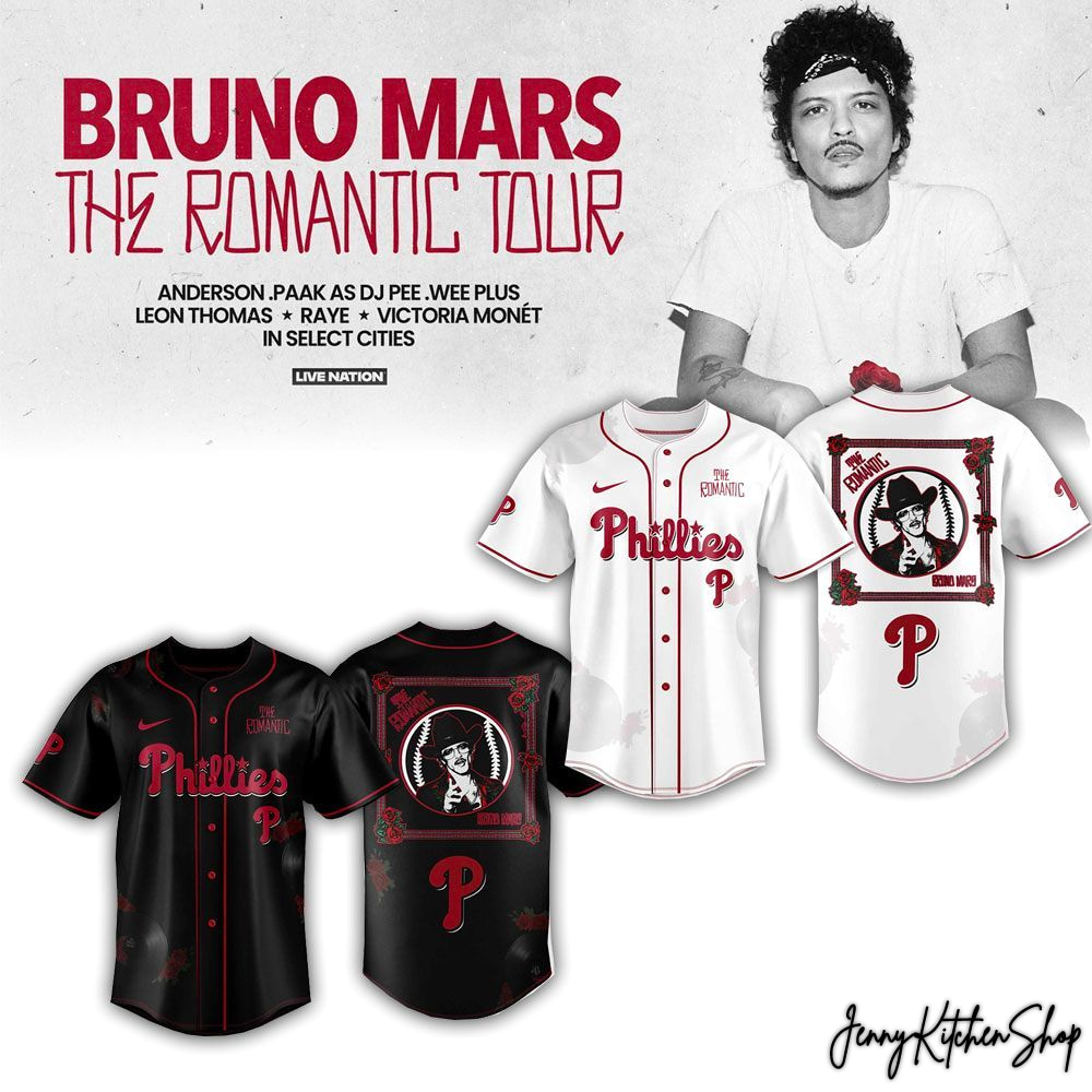 The Romantic Tour 2026 Philadelphia Phillies x Bruno Mars HFN Baseball Jersey