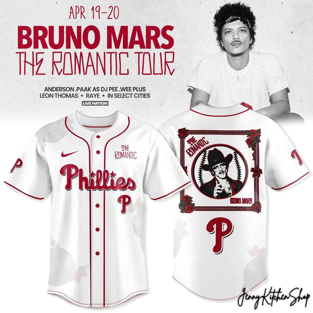 The Romantic Tour 2026 Philadelphia Phillies x Bruno Mars HFN Baseball Jersey - Image 3