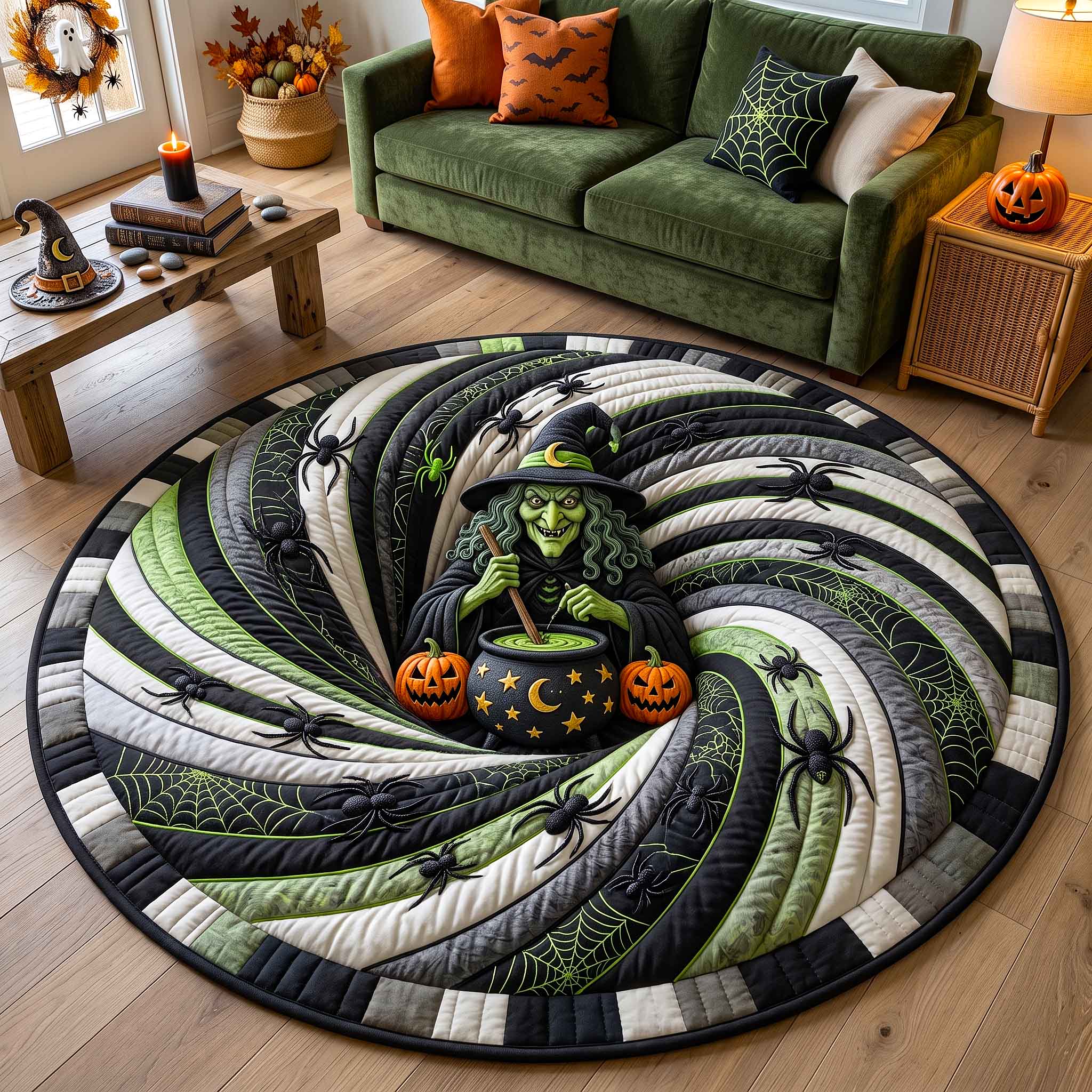 Wicked Witch Quilted Round Mat Gothic Black White Floor Mat Spooky Well Floor Mat – HG