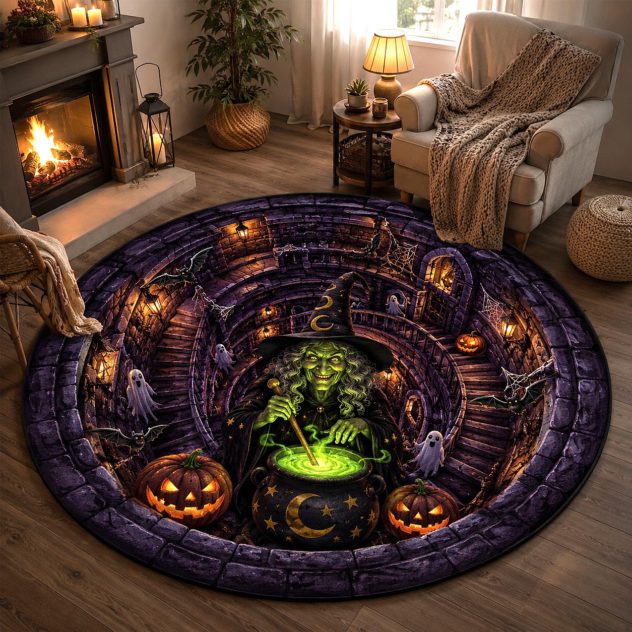 Wicked Witch Quilted Round Mat Spooky Pumpkin Floor Mat Gifts For Halloween Lovers – HG
