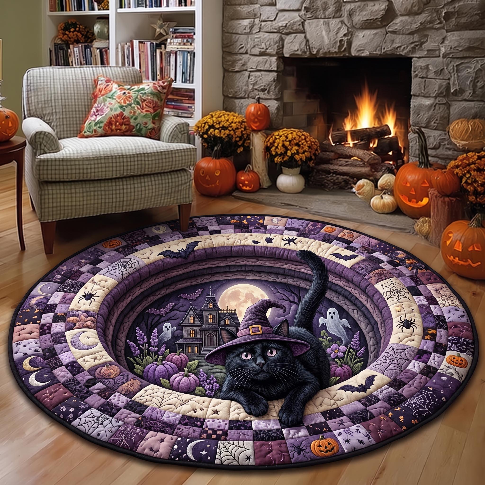 Witch Cat Portal Quilted Round Mat Spooky Black Cat Moon Doormat Halloween Gift – HG