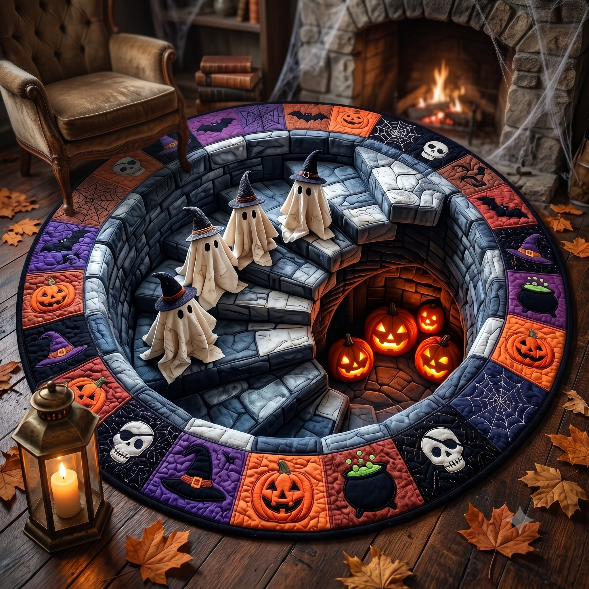 Witch Ghost Staircase Quilted Round Mat Spooky Halloween Decor Best Halloween Gifts – HG