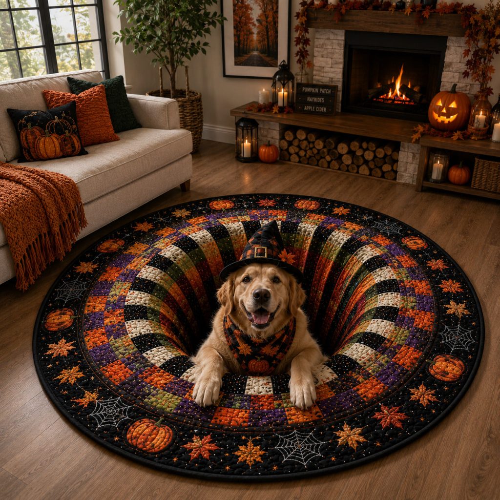 Witch Golden Retriever Vortex Quilted Round Mat Dog Lover Doormat Halloween Gift – HG