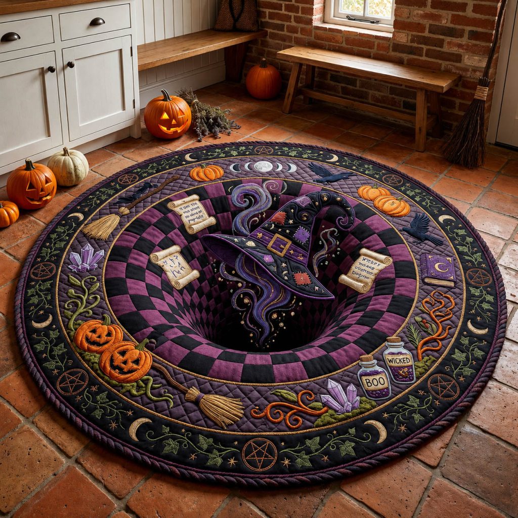 Witch Hat Vortex Quilted Round Mat Halloween Patchwork Floor Mat Haunted House Decor – HG