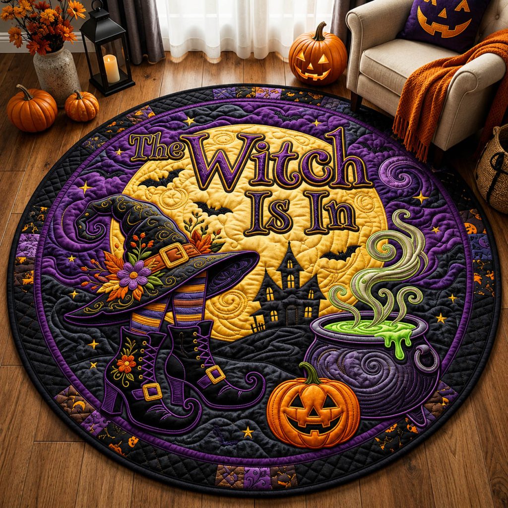 Witch Is In Quilted Round Mat Spooky Haunted House Pumpkin Round Rug Halloween Gift – HG