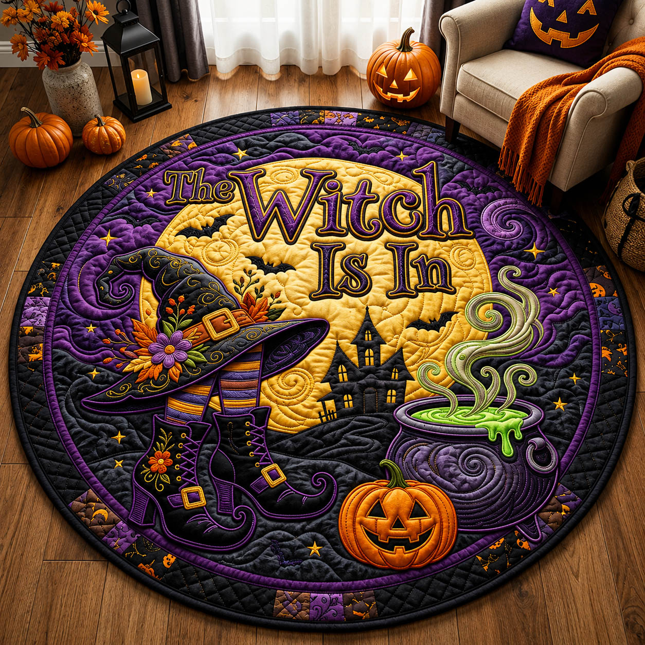 Witch Is In Quilted Round Mat Spooky Haunted House Pumpkin Round Rug Halloween Gift – HG