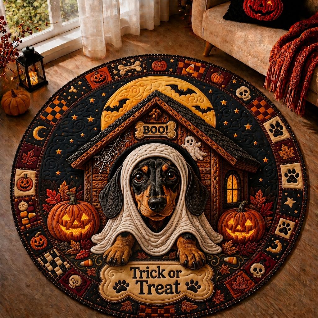 Witchy Dachshund Quilted Round Mat Spooky Wiener Dog Pumpkin Doormat Gift Idea – HG